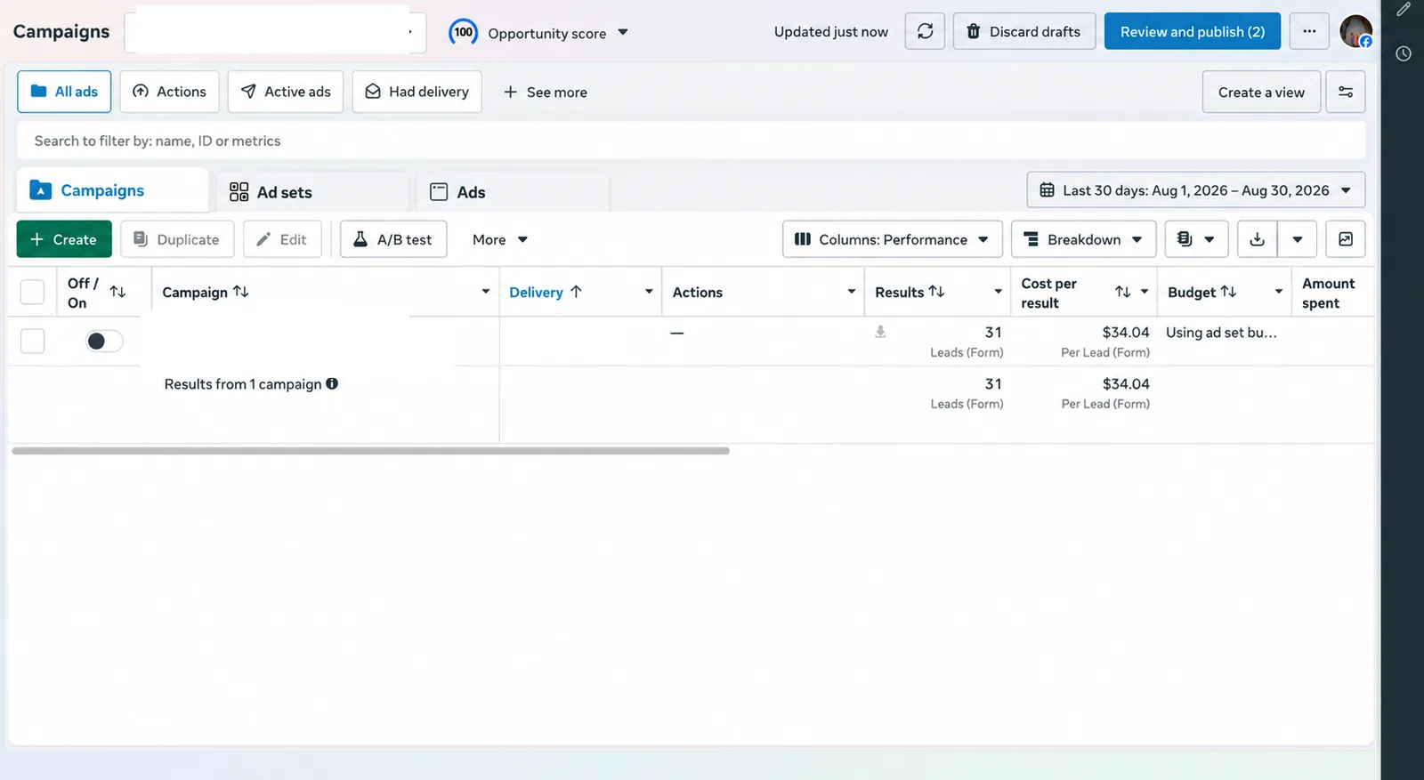Facebook Ads Manager screenshot showing 31 leads at $34.04 per lead