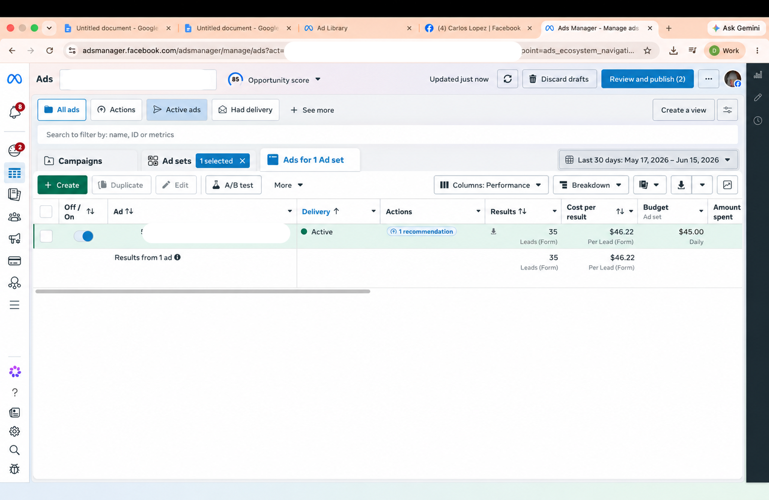 Facebook Ads Manager screenshot showing 35 leads at $46.22 per lead