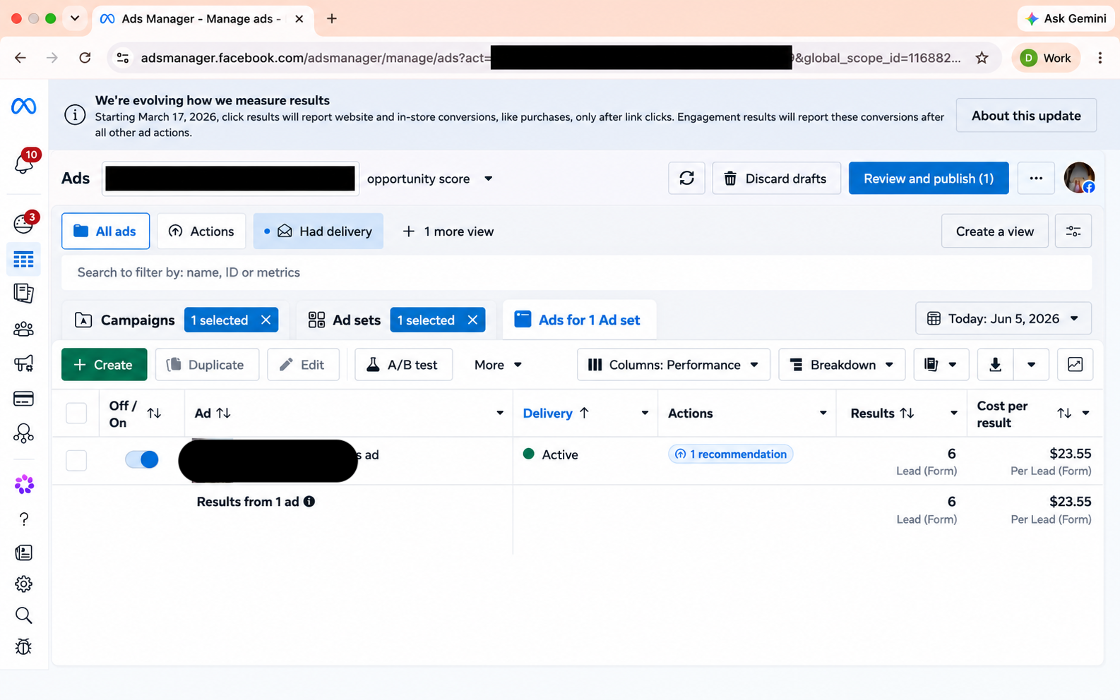Facebook Ads Manager screenshot showing 6 leads at $23.55 per lead